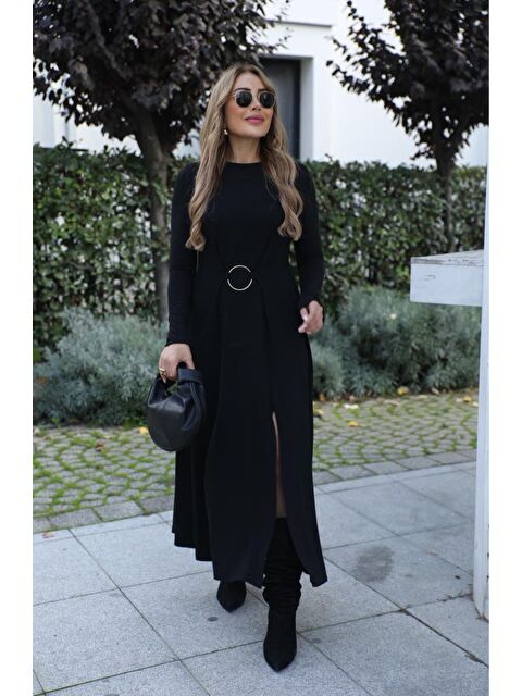 Jane's Kadın Uzun Kollu Bisiklet Yaka önden Halka Detaylı Yırtmaçlı Uzun Viskon Iki Iplik Elbise - S000529018-19351