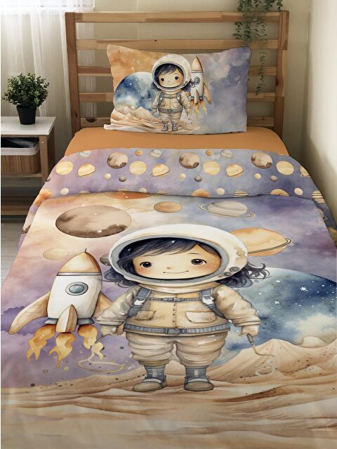 Evmila Astronot Desenli Çarşafsız 2'li Takım Baskılı Tek Kişilik Nevresim Takımı 160x220 cm - S000164205-23173