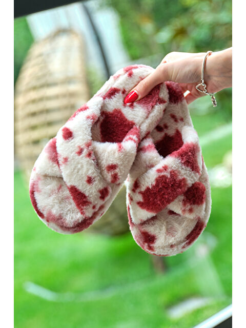 TONNY BLACK Kadın Bordo Desenli Pelüş Çapraz Ev Terliği - S000457413-19951