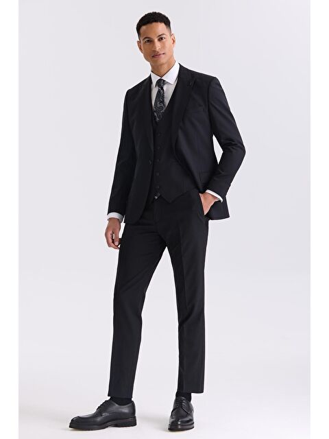 JAKAMEN Siyah Slim Fit Sivri Yaka Yelekli Yünlü Takım Elbise - S000495518-19351