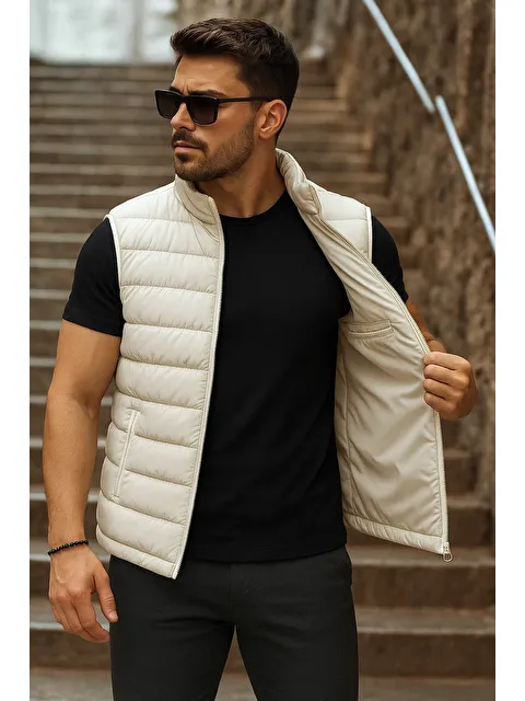 Comstar Erkek Cepli Kışlık Fermuarlı Basic Krem Şişme Yelek