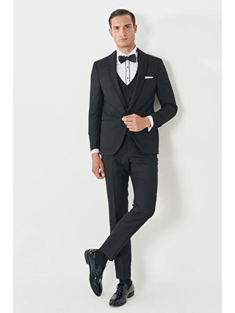 Altınyıldız Classics Erkek Siyah Ekstra Slim Fit Dar Kesim Kırlangıç Yaka Desenli Yelekli Smokin Takım - S000403113-19351
