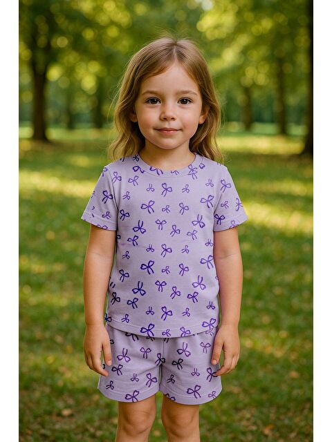 Luess Kız Çocuk %100 Pamuk Kurdela Desenli Şortlu Takım (3-4 Yaş 8-9 Yaş) - S000402193-20042