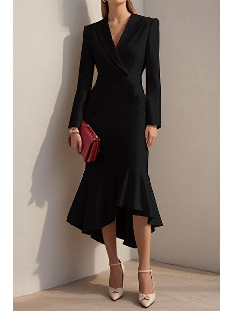 Jane's Kadın Uzun Kollu Yakalı Belden Oturtmalı Midi Ithal Krep Elbise - S000529032-19351