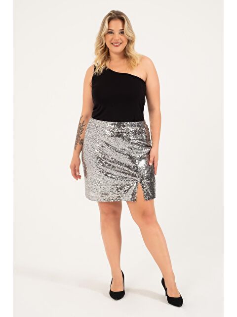 Mylinemoda Payetli Beli Lastikli Yırtmaçlı Mini Etek - S000238997-18105