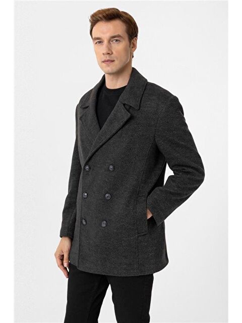 Süvari Antrasit Slim Desenli Kruvaze Yaka Kaban - S000460710-29666