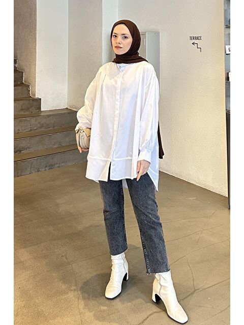 Lamelif Manşeti Biyeli Tunik Beyaz - S000521854-20063