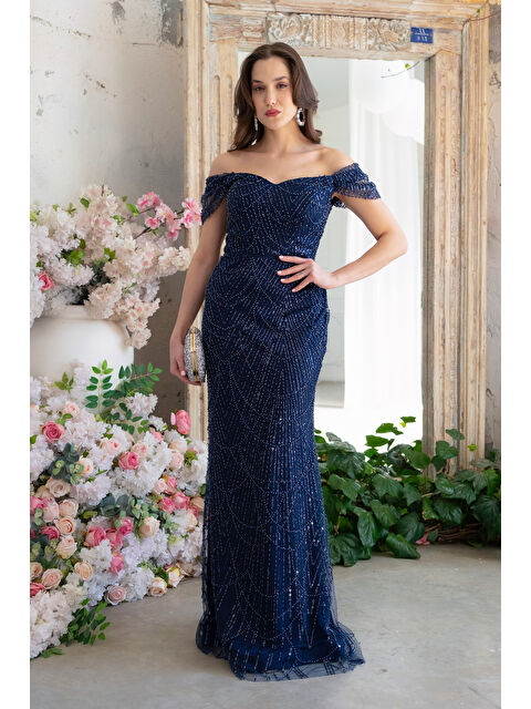 Lafaba Kadın Lacivert Kayık Yaka Boncuklu Uzun Abiye Elbise - S000531420-21164