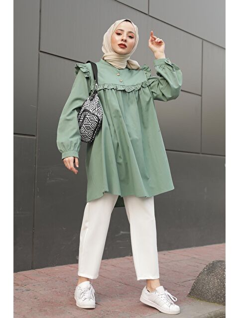 Lamelif Hakim Yaka Önü Pileli Tunik Çağla Yeşili - S000521853-14939
