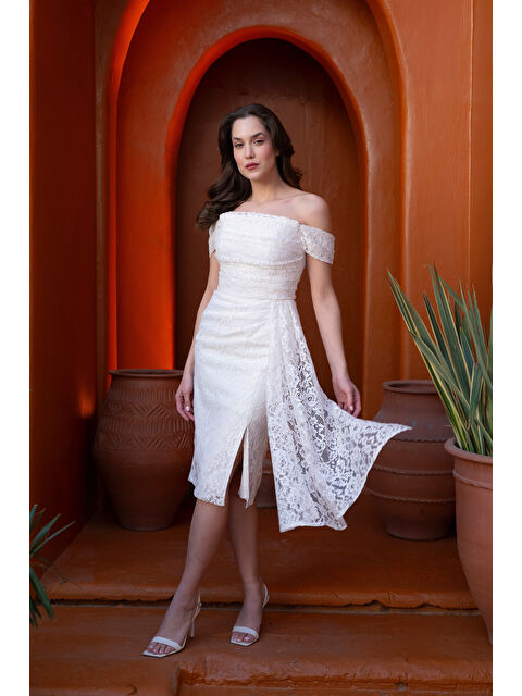 Lafaba Kadın Beyaz Kayık Yaka Dantelli Midi Abiye Elbise - S000531421-20063