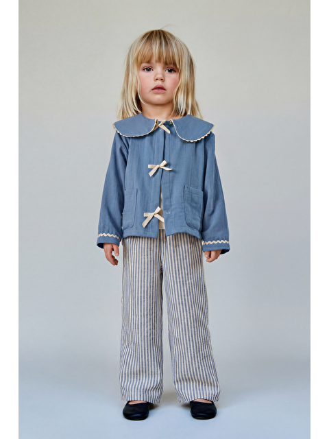 Magu Kız Çocuk Pamuklu Mavi Denizci Yakalı Bağcıklı Ceket Çizgili Pantolon Takım - Cep Detaylı - S000494769-17234
