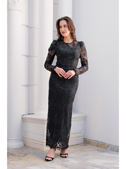 Lafaba Kadın Siyah Dar Kalıp Bisiklet Yaka Dantelli Uzun Kol Abiye Elbise - S000531423-19351
