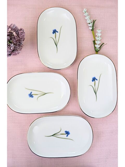 TABAK EVİ Porselen Natura İris Altın Yaldızlı Oval Kayık Tabak 22,50x14,50x2,50cm 4 LÜ - S000449236-23173