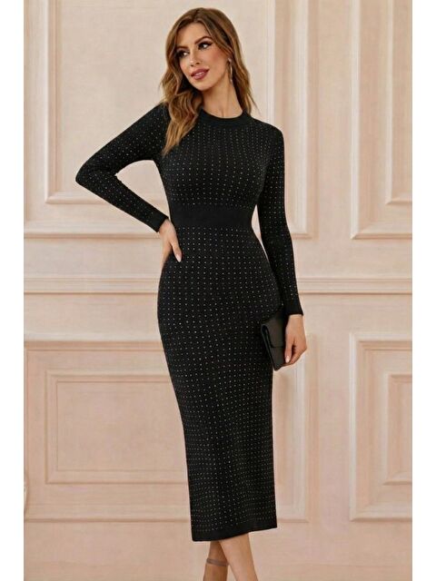 Jane's Kadın Uzun Kollu Bisiklet Yaka Taşlı Midi Kadife Elbise - S000529036-19351