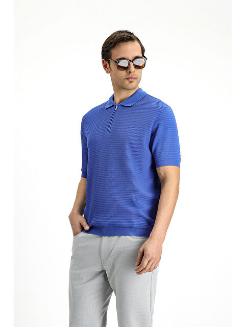 Kiğılı Slim Fit Dar Kesim Pamuk Desenli Fermuarlı Polo Yaka Tişört