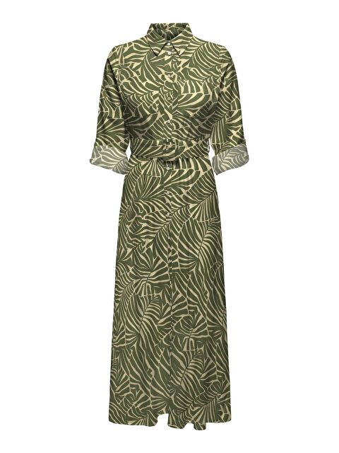 Only Onlcallie Desenli Keten Karışımlı Gömlek Yaka Regular Fit Uzun Kadın Elbise 15318799 - S000226426-250