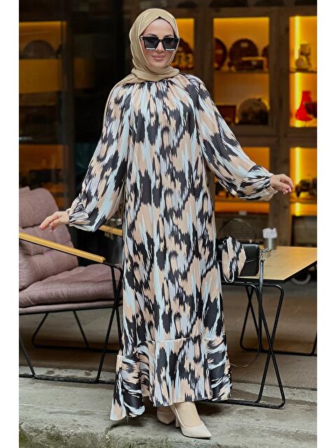 Julude Desenli Kuşaklı Dökümlü Elbise - S000179148-19928