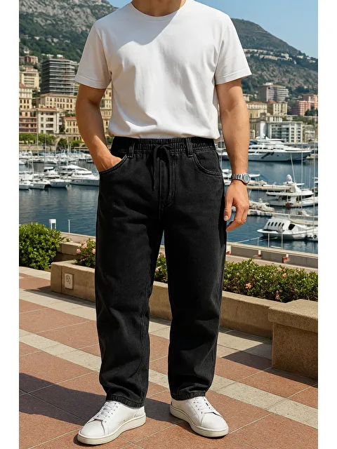 Comstar Erkek Beli Lastikli Premium Siyah Baggy Pantolon