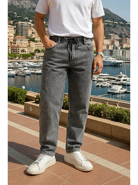 Comstar Erkek Beli Lastikli Premium Gri Baggy Pantolon