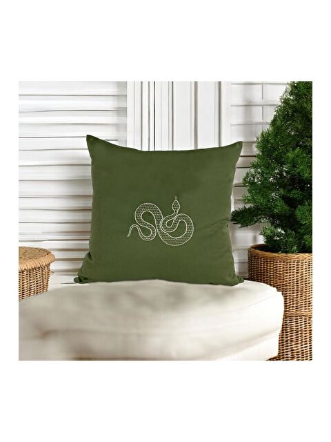 Asdiva Kadife Kumaş Yeşil Yılan Desen Nakış İşlemeli Dekoratif Kırlent Kılıfı 45x45 - S000392442-37305