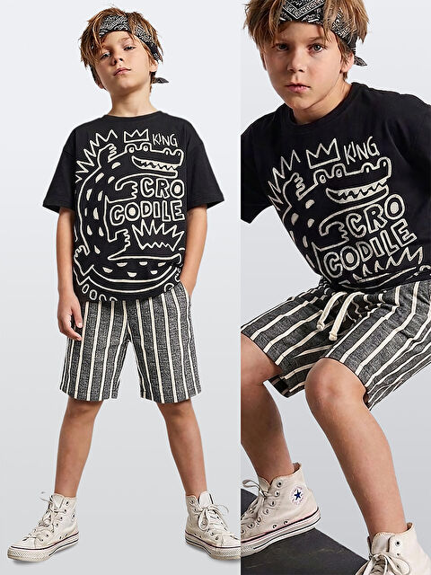 Denokids Erkek Çocuk Takım Croco Siyah T-Shirt Ve Çizgili Keten Görünümlü Yazlık Şort
