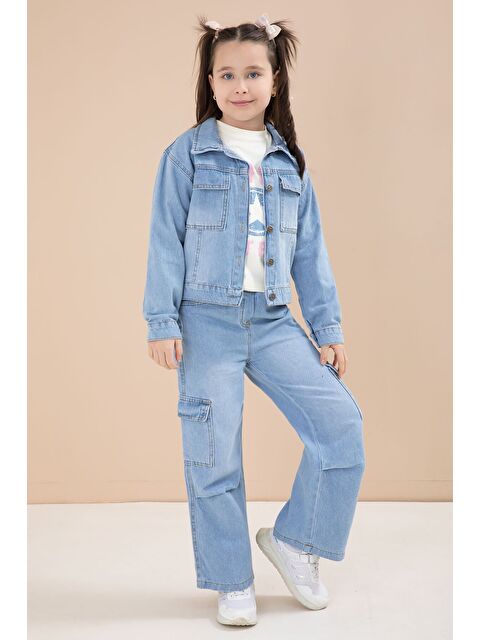 Cansın Mini Mavi Jean Ceketli Kargo Cepli Pantolonlu Kız Çocuk Badili 3lü Alt Üst Takım 23614 - S000511475-17234