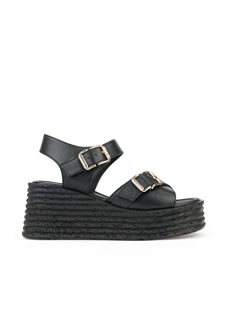 Ziya Ayakkabı Kadın Hakiki Deri Dolgu Topuk Sandalet 161992Z1005 Siyah