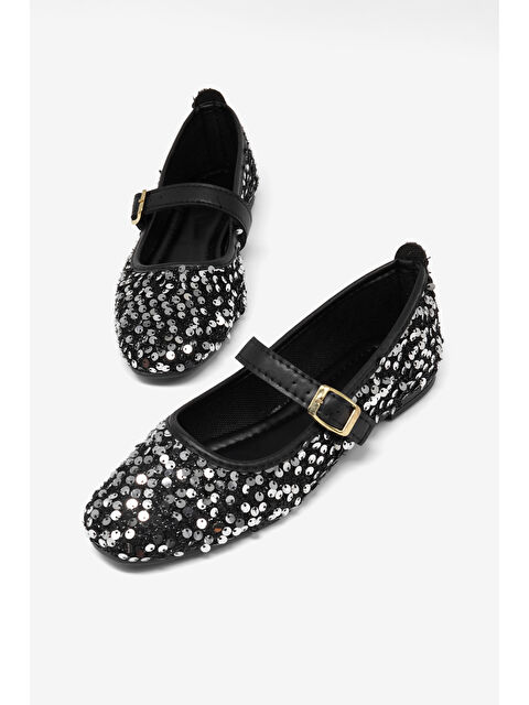 TONNY BLACK Kadın Siyah Gümüş Rahat Kalıp Pullu Tokalı Günlük Babet