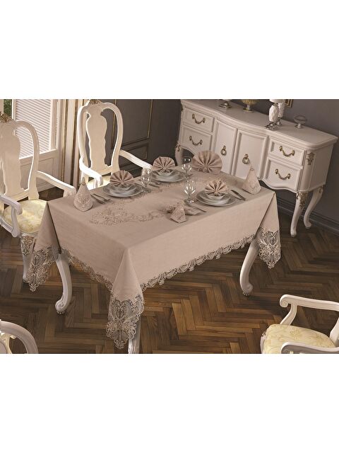 Çeyiz Diyarı Fransız Güpürlü Yasemin Masa Örtüsü Takımı 18 Parça Cappucino - S000496349-19413