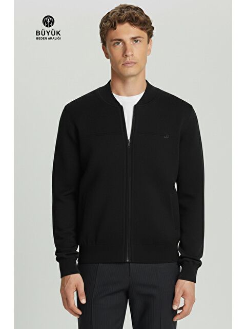 Sabri Özel Siyah Lacivert Regular Fit Yünlü Pilot Yaka Astarlı Çelik Örme Erkek Triko Mont - S000524100-19351