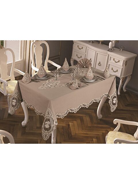 Çeyiz Diyarı Fransız Güpürlü Elit Masa Örtüsü Takımı 18 Parça Cappucino - S000496351-19413