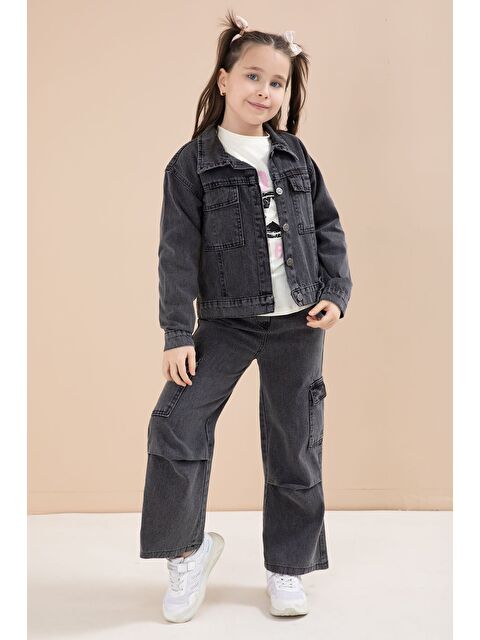 Cansın Mini Siyah Jean Ceketli Kargo Cepli Pantolonlu Kız Çocuk Badili 3lü Alt Üst Takım 23613 - S000511475-19351