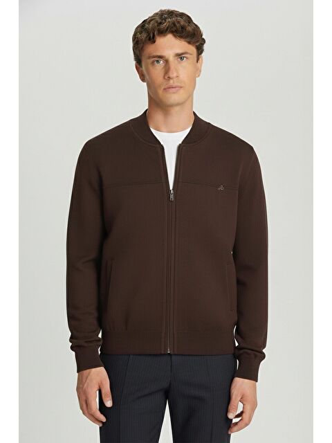 Sabri Özel Kahve Regular Fit Yün Karışımlı Pilot (Dik) Yaka Fermuarlı Erkek Triko Mont - S000524103-19413