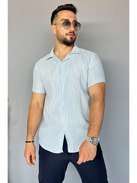 Mishar İtalia Slim Fit Çizgili Keten Erkek Gömlek - S000300529-17234