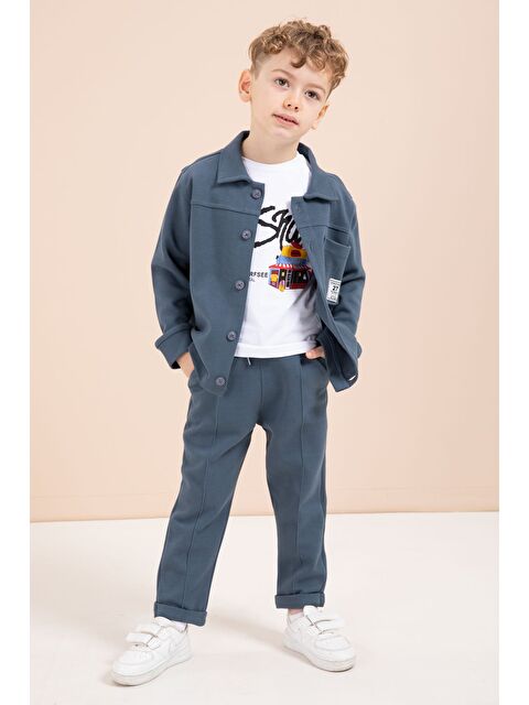 Cansın Mini Mavi Arma Detaylı Gömlekli Duble Paça Pantolonlu Erkek Çocuk 3lü Takım 23620 - S000511477-17234