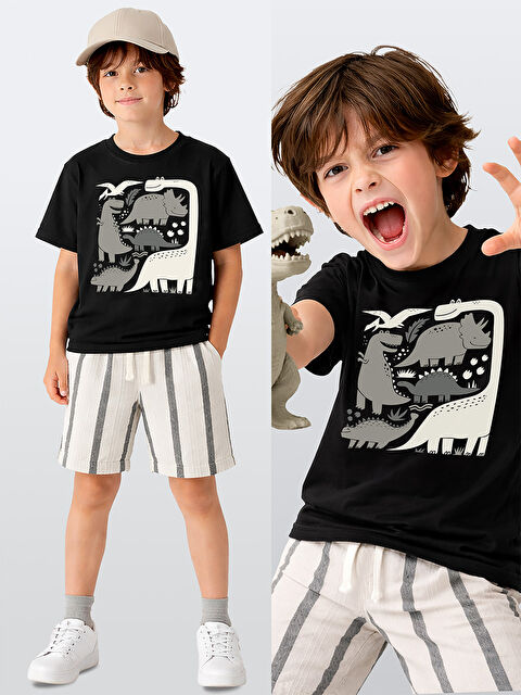 Denokids Erkek Çocuk Takım Dino Pamuk T-Shirt Ve Çizgili Keten Görünümlü Yazlık Şort