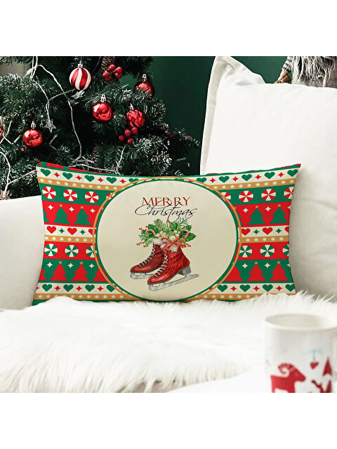 Evmila Yılbaşı Temalı Paten Desenli Kadife Kırlent Kılıfı 35x55 cm - S000285313-23173