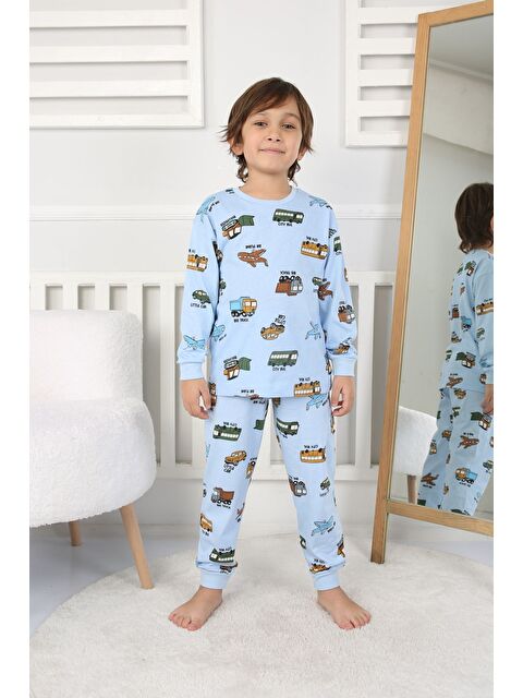 ZUZUNGA Transportation Veichle Desenli Çocuk Pijama Takımı (Alt-Üst) Bej 3-8 Yaş