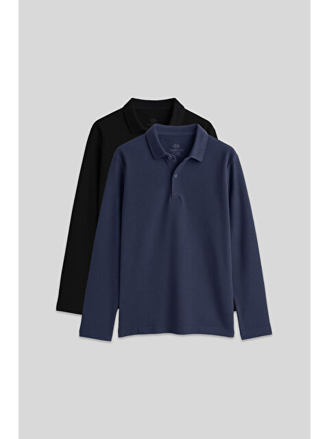 Tommylife Basic Polo Yaka 2li Paket Siyah-Lacivert Unisex Çocuk T-Shirt - 11170 - S000474797-37436