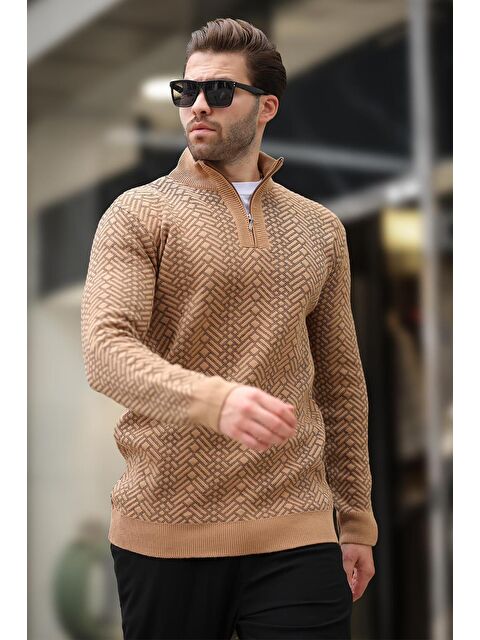 Madmext Camel Fermuar Yaka Uzun Kollu Desenli Örme Kazak E7287 - S000292582-4557