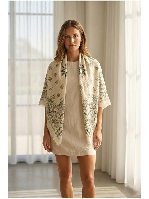 Luminos Butik Kadın Haki Etnik Desenli Bohem Üçgen Şal Bandana 110x110 cm SAL1400 - S000514172-18547