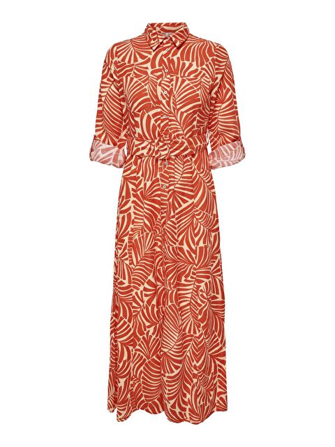 Only Onlcallie Desenli Keten Karışımlı Gömlek Yaka Regular Fit Uzun Kadın Elbise 15318799 - S000226426-37218