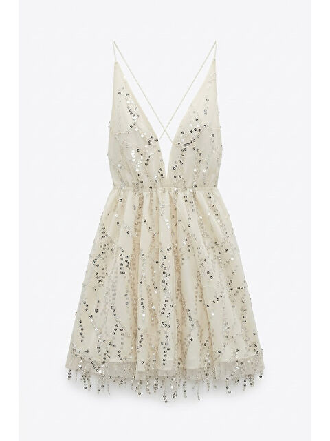 QUZU Sırtı Açık Payetli Mini Elbise Ekru - S000529605-19965