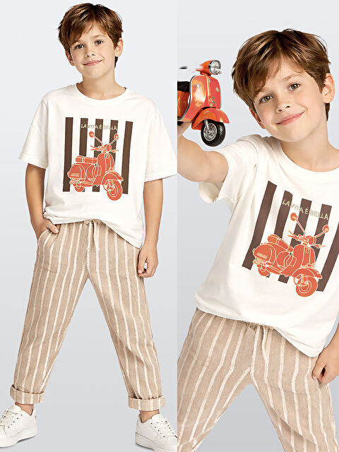 Denokids Erkek Çocuk Takım Motosiklet T-Shirt Ve Çizgili Keten Görünümlü Yazlık Pantolon