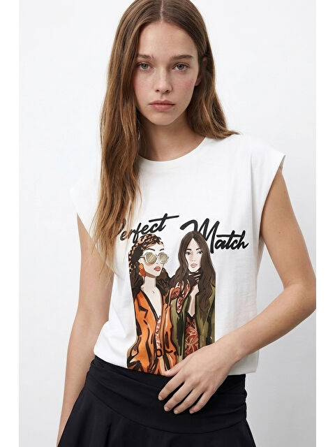 QUZU Grafik Figür Baskılı Tişört Ekru - S000529606-19965