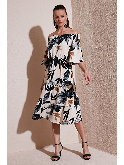 Lela Yaprak Desenli Carmen Yaka Midi Kadın Elbise 5865053 - S000001173-19351