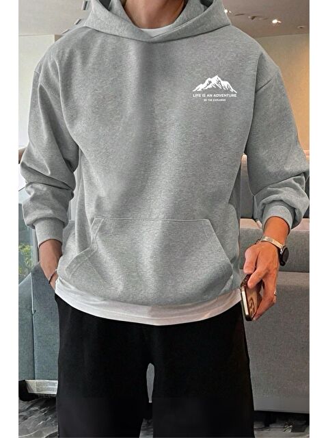 Oksit Life Adventure Baskılı Pamuklu  Erkek Hoodie - S000139443-20600