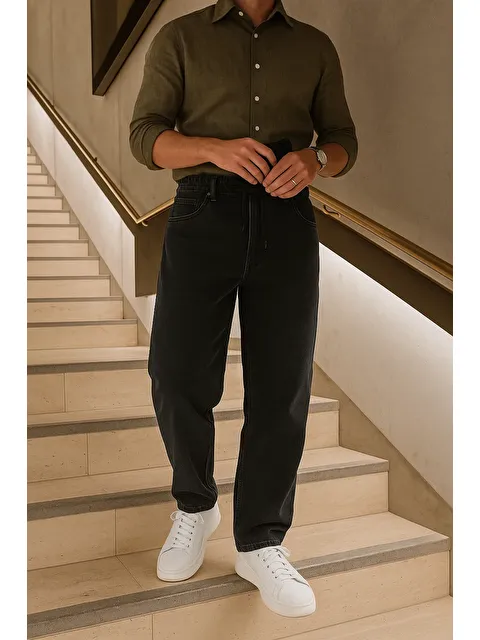 Comstar Erkek Beli Lastikli Jogger Bol Paça Siyah Baggy Pantolon