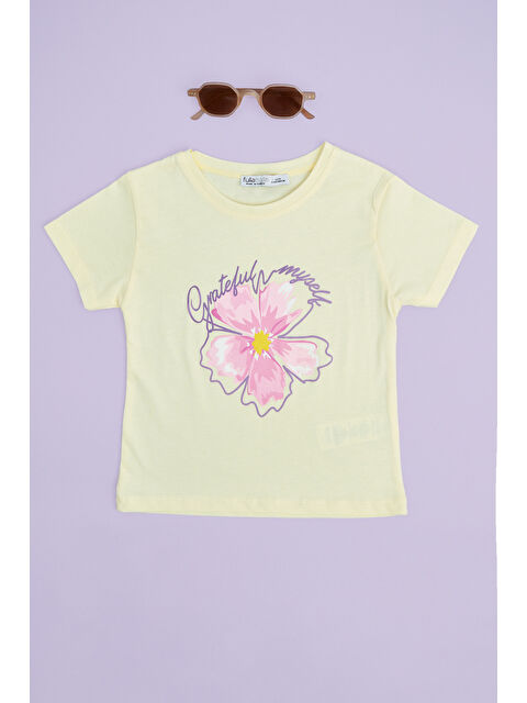 Fullamoda Çiçek Baskılı Bisiklet Yaka Kız Çocuk Tişört