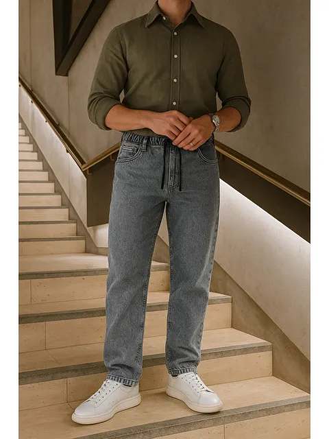 Comstar Erkek Beli Lastikli Jogger Bol Paça Gri Baggy Pantolon